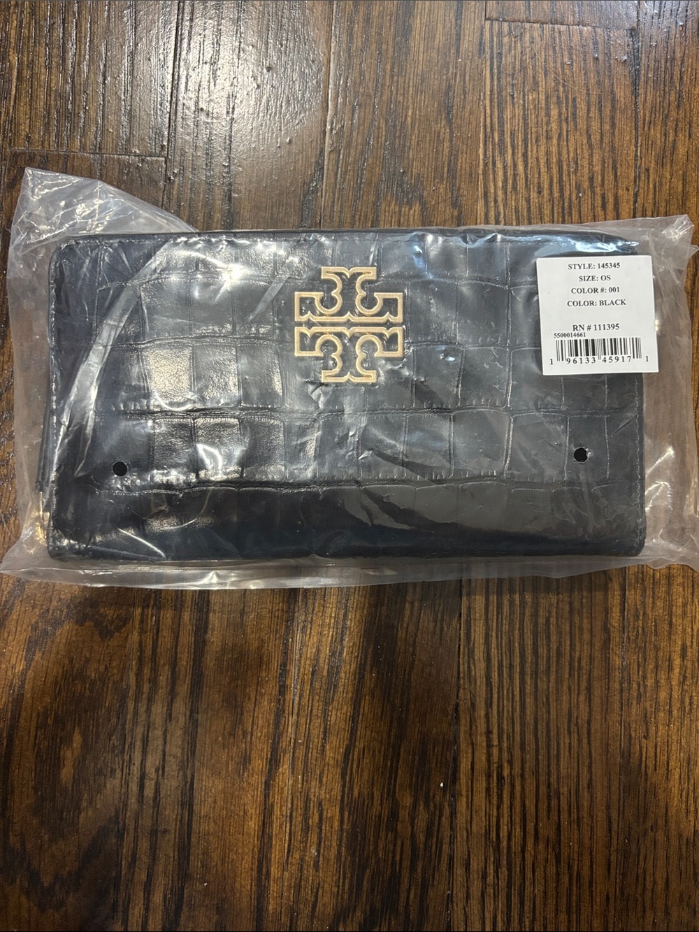 Tory Burch Black Croc-Embossed Wallet with Gold Logo